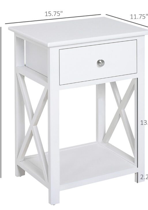 Side Table, Farmhouse End Table with Storage Drawer, Open Shelf and X-Frame, Bedside Table for Living Room, White