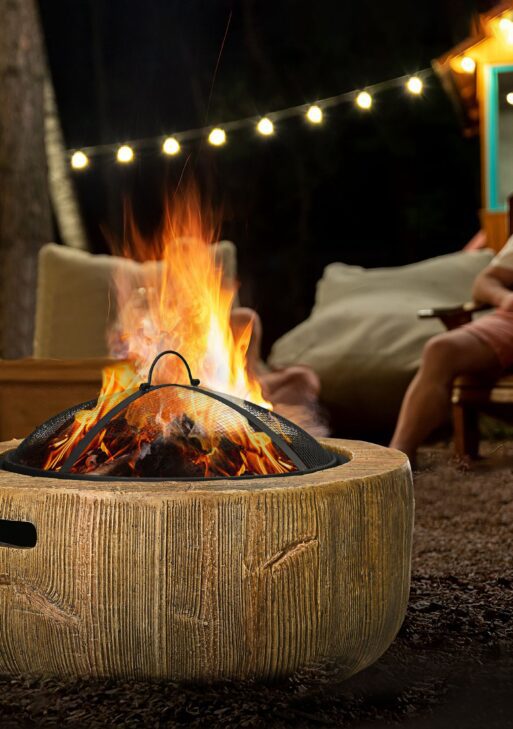 Outdoor Fire Pit, 24 Inch Metal Wood Burning Fireplace with Spark Cover, Poker, Woodgrain Design for Patio, Picnic, Backyard, Light Brown