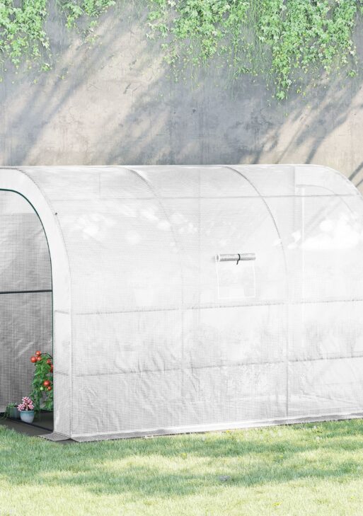 10' x 5' x 7' Outdoor Walk-In Greenhouse, Plant Nursery with Zippered Doors, PE Cover and 3 Wire Shelves, White