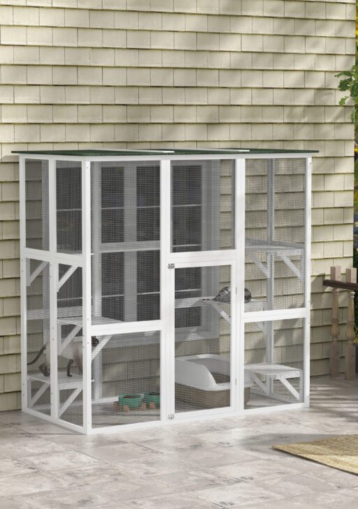 Outdoor Cat House Big Catio Wooden Feral Cat Shelter Enclosure with Large Spacious Interior, 6 High Ledges, Weather Protection Asphalt Roof, 71" L, White