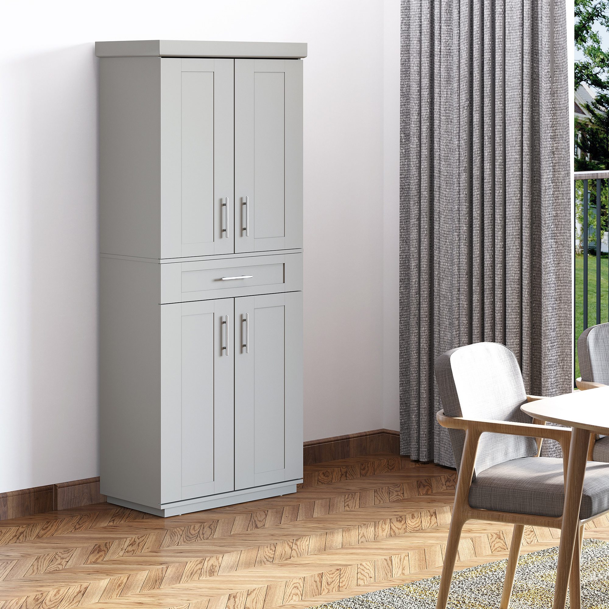 Modern Kitchen Pantry Freestanding Cabinet Cupboard with Doors and Drawer, Adjustable Shelving, Gray - Image 2