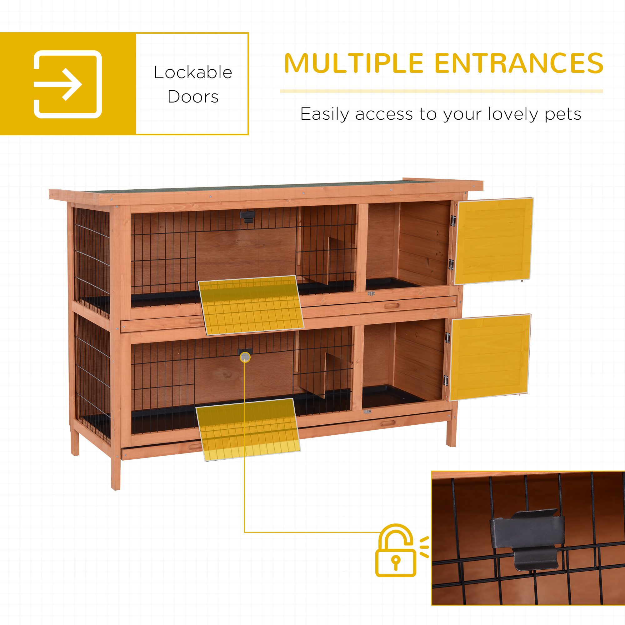 54" 2-Story Large Rabbit Hutch Bunny Cage Wooden Pet House Small Animal Habitat with Lockable Doors, No Leak Tray and waterproof Roof for Rabbits, Chickens, Ducks, Outdoor/Indoor Natural - Image 3