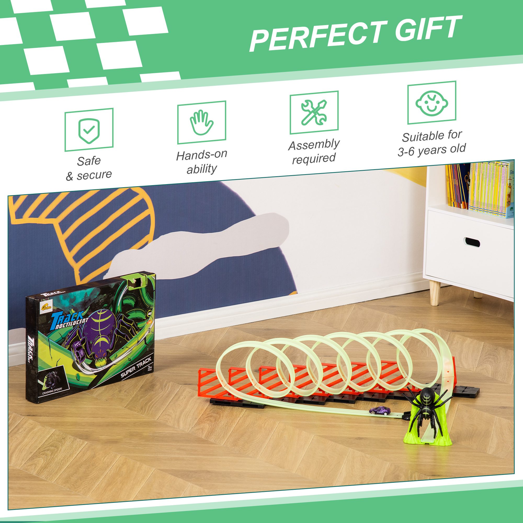 Track Builder Loop Kit Criss-Cross Glowing Race Track Toy Set Spooky Spider Fun Starter Kit, with Pull-back Car for Kids 3-6 years old, Lime Green - Image 3