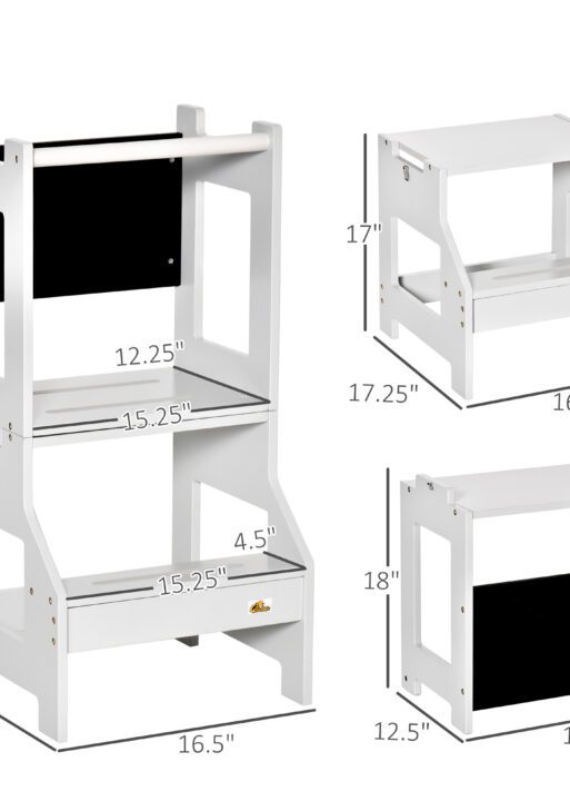 Kids Kitchen Step Stool, 2 in 1 Kitchen Table Set Toddler Standing Tower with Chalkboard, Safety Rail for Kitchen, Bathroom, Bedroom, Gray