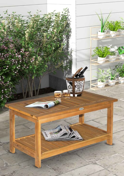 36" Outdoor Coffee Table 2-Shelf Acacia Wood Rectangular Buffet Storage Organizer Natural Finish Teak Patio, Deck, Lawn, Garden