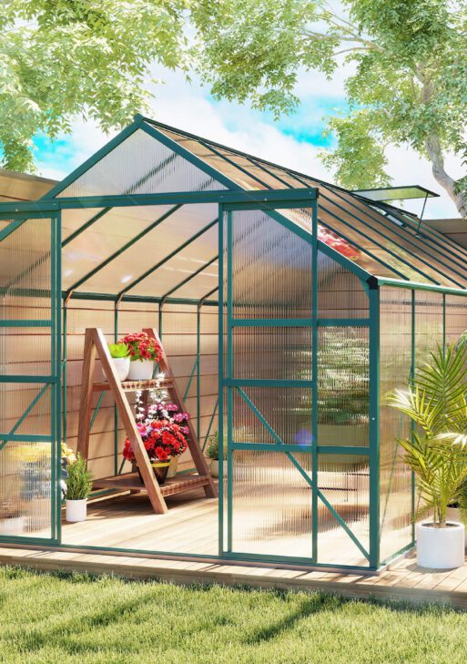 16' x 8' Aluminum Greenhouse Polycarbonate Walk-in Garden Greenhouse Kit with Adjustable Roof Vent, Rain Gutter and Sliding Door for Winter, Clear
