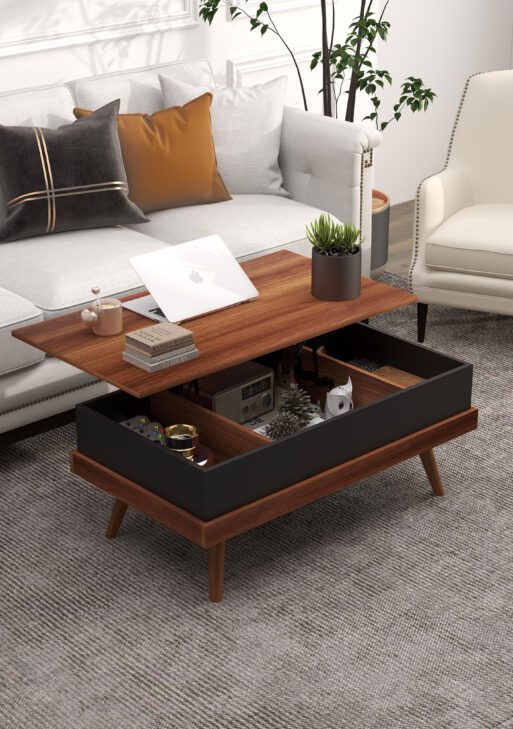 Lift Top Coffee Table with Hidden Compartments and Wood Legs, Walnut