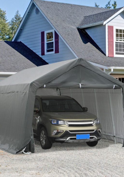 12' x 20' Carport Portable Garage, Heavy Duty Storage Tent, Patio Storage Shelter w/ Anti-UV PE Cover and Double Zipper Doors, for Motorcycle Bike Garden Tools, Gray