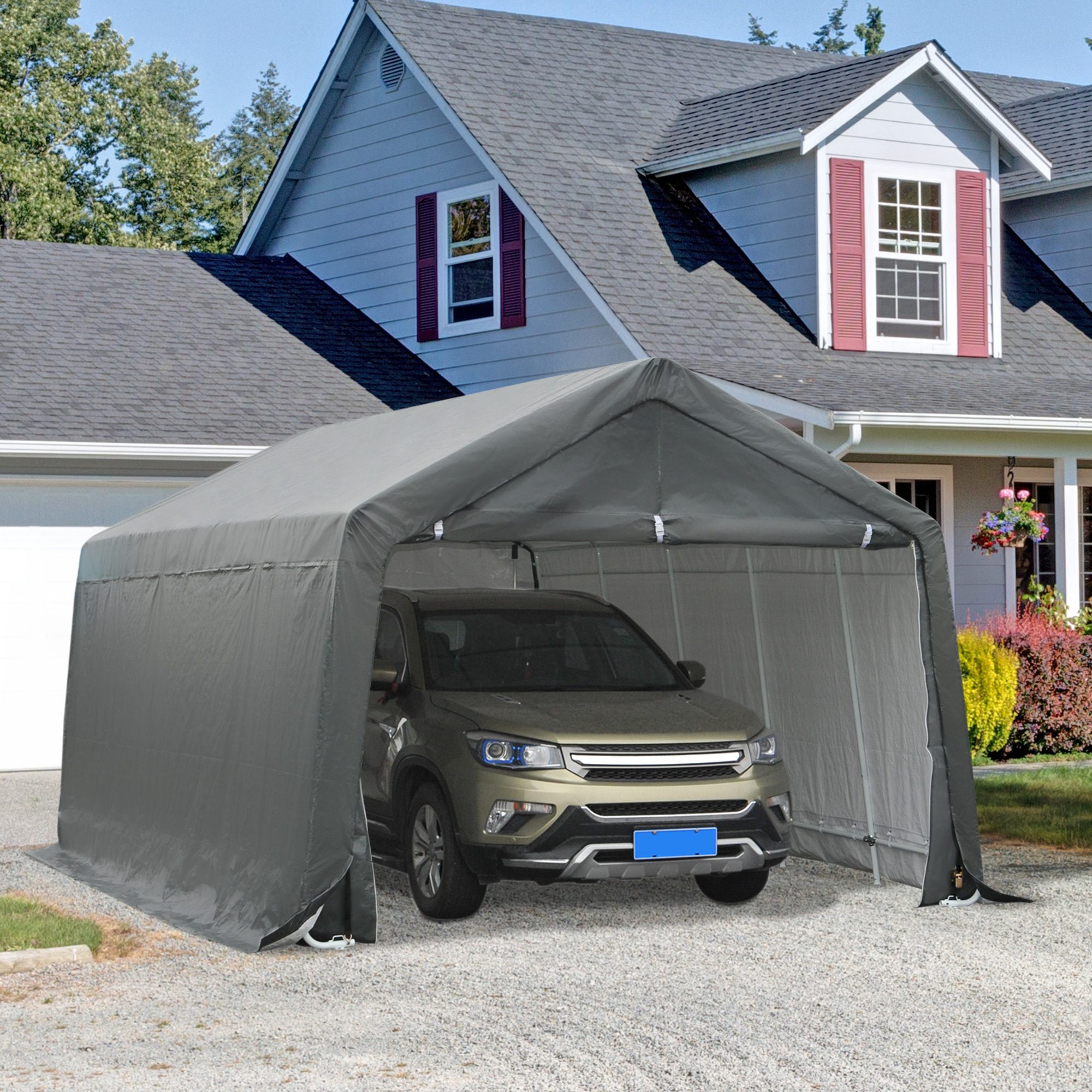 12' x 20' Carport Portable Garage, Heavy Duty Storage Tent, Patio Storage Shelter w/ Anti-UV PE Cover and Double Zipper Doors, for Motorcycle Bike Garden Tools, Gray