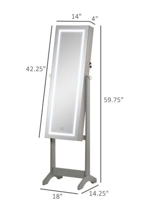 Floor Standing Jewelry Cabinet with LED Light, Lockable Jewelry Organizer with Full-Length Mirror, and 4 Adjustable Angles, Grey