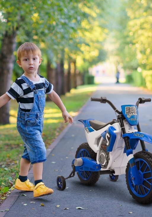 12V Kids Motorcycle w/ Treaded Tires, 5mph Top Speed Electric Bike for Kids, Ride On Motorcycle w/ Training Wheels, Battery Charger, Spring Suspension, Blue