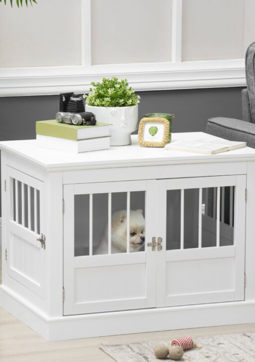 Wooden Dog Crate End Table, Dog Crate Furniture with Triple Doors, Puppy Crate for Small Dogs Indoor Use, White
