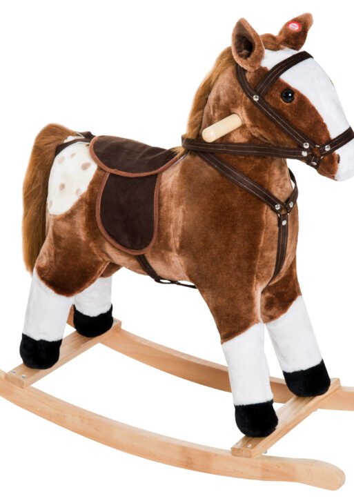Qaba Kids Plush Toy Rocking Horse Pony Toddler Ride on Animal for Girls Pink Birthday Gifts with Realistic Sounds, Brown