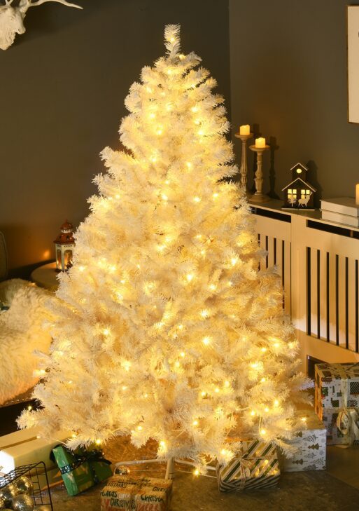 6' Prelit Artificial White Christmas Trees Home Decor, with Warm White LED Lights, Auto Open, Steel Base