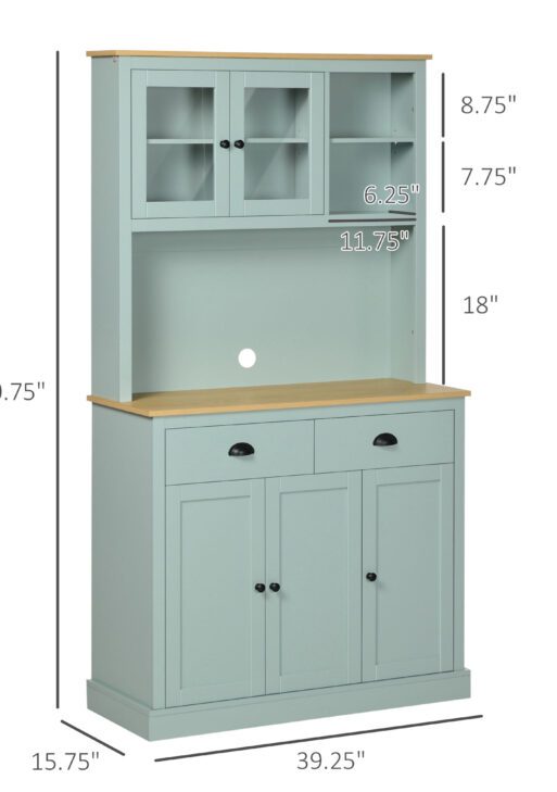 Kitchen Pantry Storage Cabinet with Microwave Stand, 71" Modern Kitchen Hutch with Open Countertop, Glass Doors, Storage Drawers and Adjustable Shelves for Dining Room, Coffee Bar, Light Blue