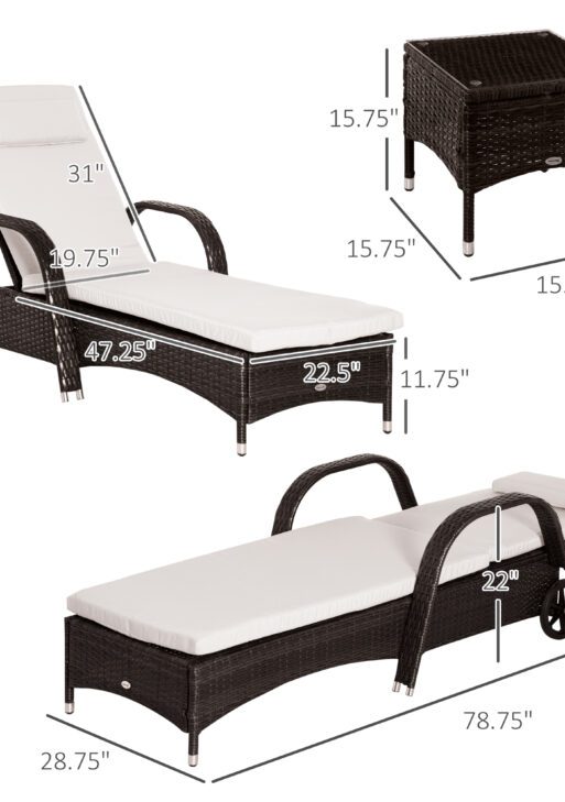 Wicker Outdoor Chaise Lounge Chair Set of 3 with Side Table, 5-Level Adjustable Backrest PE Rattan Pool Lounge Chair with Wheels, Cushion & Headrest, Brown and Cream White