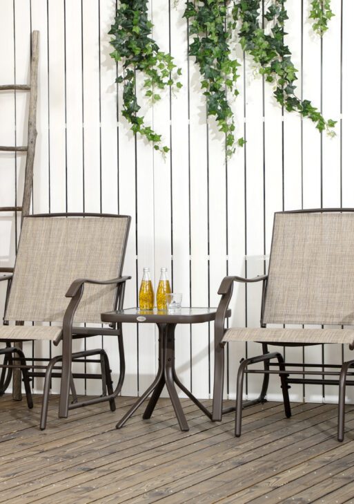 3 Piece Outdoor Glider Chair with Coffee Table Bistro Set, 2 Patio Rocking Swing Chairs with Breathable Sling Fabric, Glass Tabletop, for Backyard, Garden and Porch, Mixed Brown