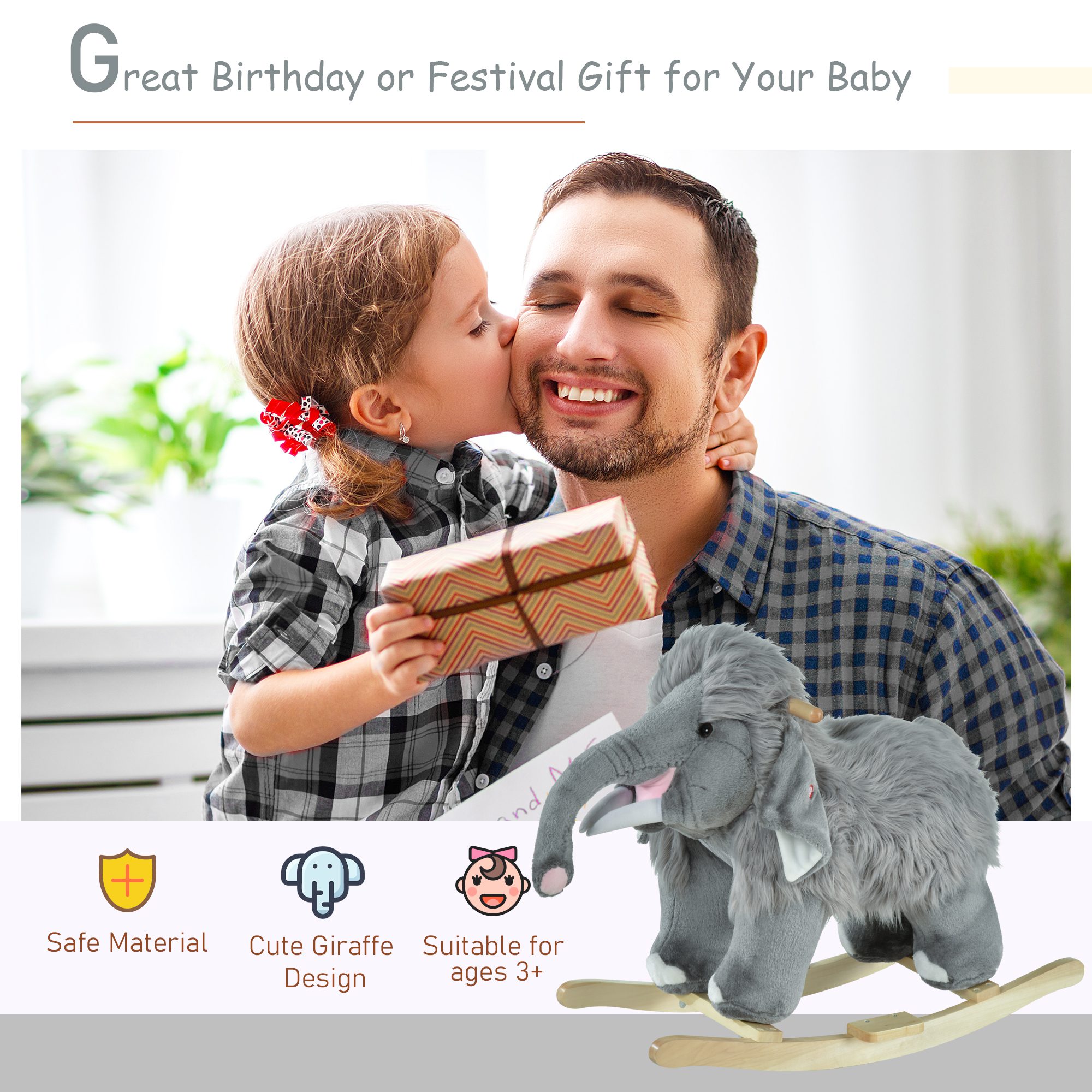 Kids Ride-On Rocking Horse Toy Mammoth Style Rocker with Fun Music & Soft Plush Fabric for Children 3+ Years - Image 2