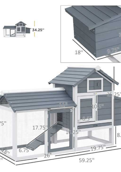59" Small Wooden Chicken Coop Hen House Poultry Cage for Outdoor Backyard with 2 Doors, Nesting Box and Removable Tray, White