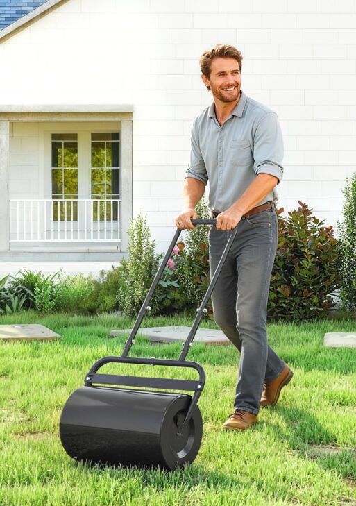 20-Inch Push/Tow Behind Lawn Roller Filled with 10 Gal Water or Sand for Flattening Sod in the Garden, Black