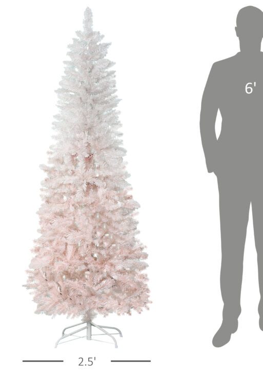 6' Tall Unlit Pencil Fir Artificial Christmas Tree with Realistic Branches and Steel Base, Pink and White