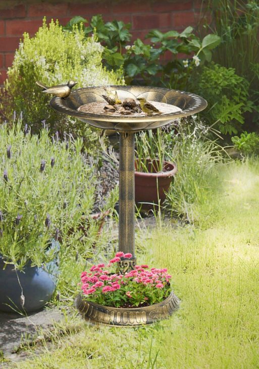 28" Antique Bird Bath Decorative Birdbath Bird Feeder Bowl with Planter Pedestal and Bird Statues, Bronze