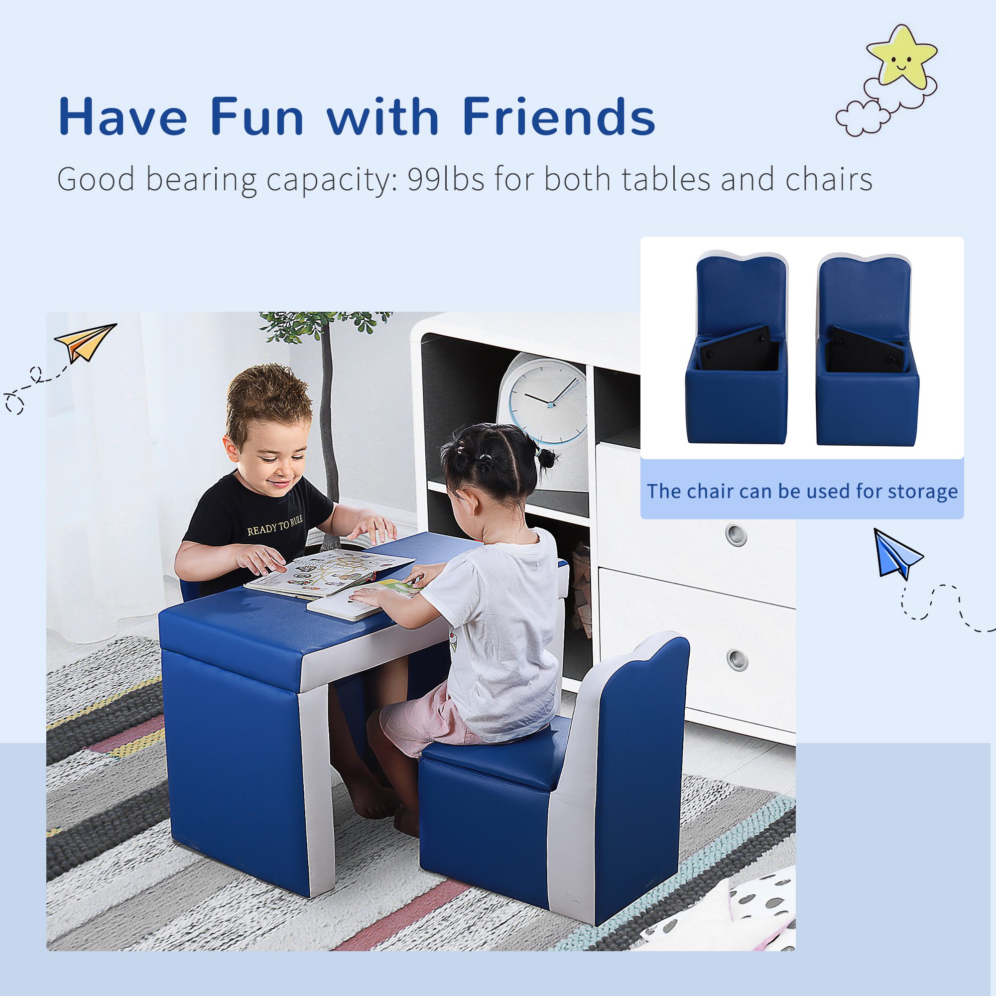 Kids Sofa Set 2-in-1 Multi-Functional Toddler Table Chair Set 2 Seat Couch Storage Box Soft Sturdy Blue - Image 5
