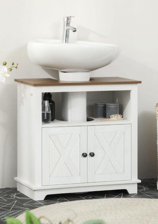 Modern Farmhouse Bathroom Sink Cabinet, Pedestal Sink Storage Cabinet with Double Doors and Shelves, White