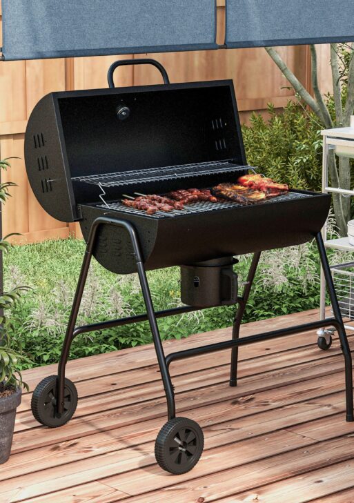 Barrel Charcoal BBQ Grill, Barbecue with 420 sq.in. Cooking Area, Wheels, Ash Catcher, Black