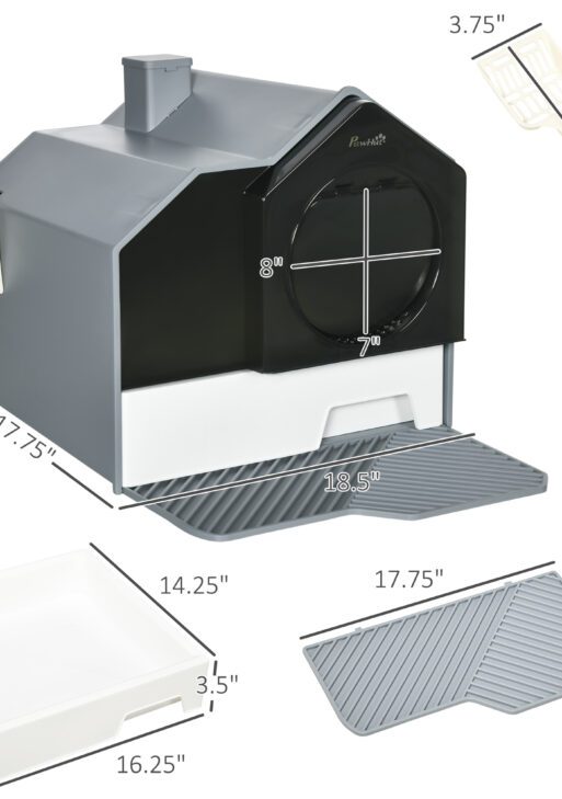 Hooded Cat Litter Box w/ Litter Mat, Litter Particle Catching, Gray