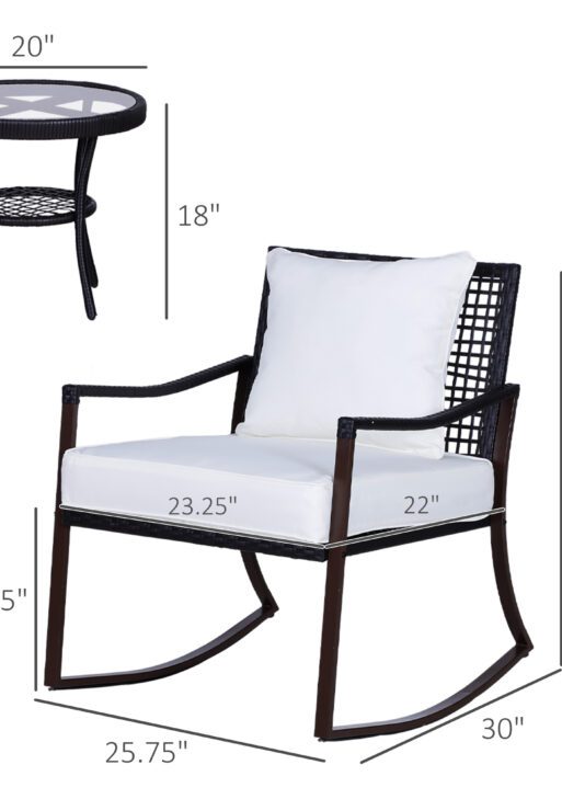 3 Piece Patio Rocking Bistro Set, Outdoor PE Rattan Wicker Rocking Chairs with Cushioned, Pillows, Two-Tier Glass Storage Shelf Coffee Table, Cream White