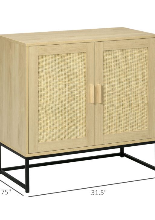 Sideboard Cabinet with Rattan Doors, Adjustable Shelf, Metal Base, Storage Cabinet for Living Room, Bedroom, Kitchen,