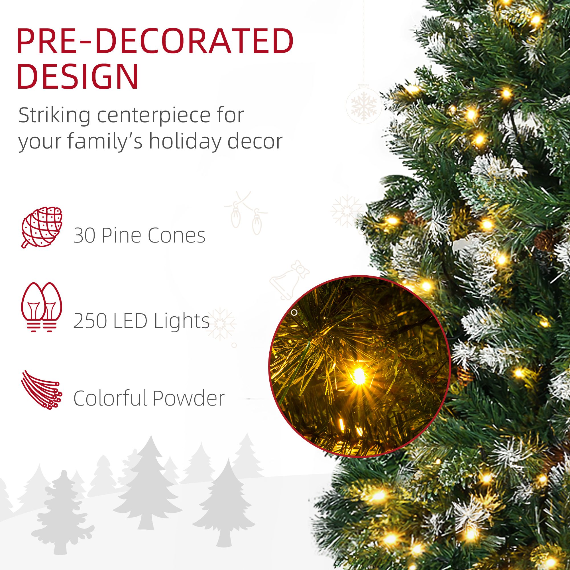 6' Decorated Christmas Trees, Skinny Prelit Artificial Christmas Tree with Snow-dipped Branches, Auto Open, Pinecones - Image 4