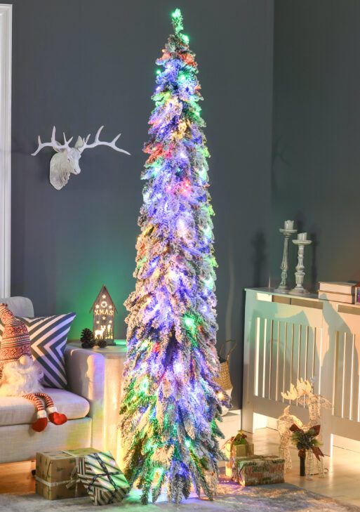 7' Artificial Slim Christmas Trees, with Snow Frosted Branches, Warm White or Colorful LED Lights, Downswept Shape