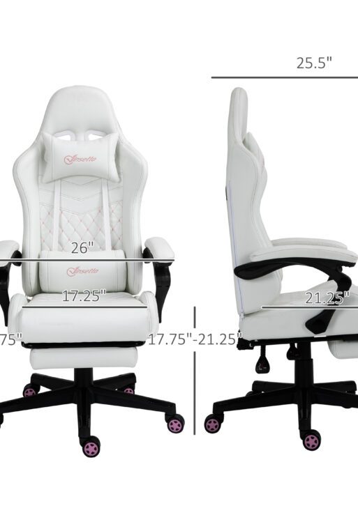 High Back PU Leather Gaming Chair, Racing Computer Chair with Swivel Wheels, Retractable Footrest, Headrest, Lumbar Support, and Armrest, White and Pink