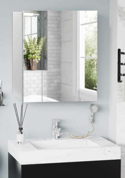 Wall Mounted Mirror Cabinet, Bathroom Medicine Cabinet with Mirror, 3 Doors and Adjustable Shelves, White