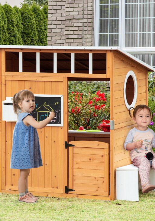 Wooden Playhouse for Kids Outdoor with Working Door, Windows, Mailbox, Bench, Flowers Pot Holder, 48" x 42.5" x 53"