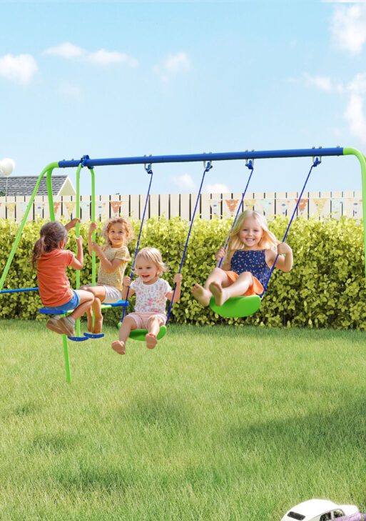 Metal Swing Set with Glider, Two Swing Seats and Adjustable Height, Outdoor Heavy Duty A-Frame Suitable for Playground, Backyard, Green