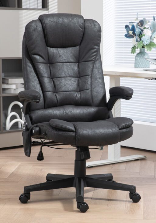 6 Point Vibrating Massage Office Chair with Heat, Microfiber High Back Executive Office Chair with Reclining Backrest, Padded Armrests and Remote, Black