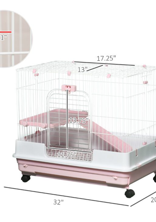 2-Level Small Animal Cage Rabbit Hutch with Wheels, Removable Tray, Platform and Ramp for Bunny, Chinchillas, Ferret, Pink