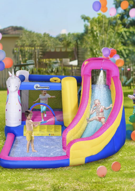 Inflatable Water Slide Bounce House with Trampoline, Climbing Wall, Water Cannon, Basketball Hoop, Splash Pool, 450W Blower, Unicorn Themed Bouncy House for Kids 3-8 Years Old
