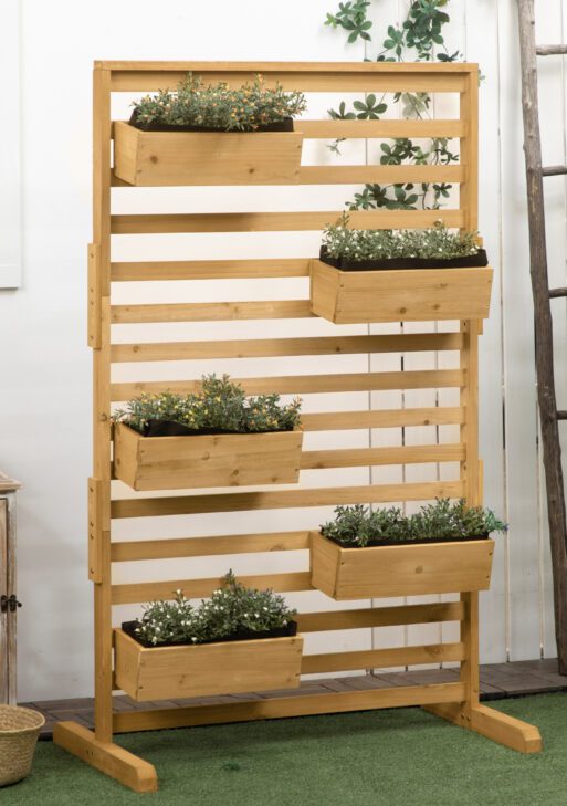 Wooden Plant Trellis Stand with 5 Hanging Planter Boxes, Freestanding Outdoor Plant Stand for Patio, Garden, Balcony, Porch