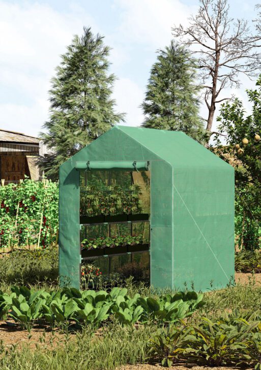 7' x 5' x 6' Walk-in Greenhouse for Outdoors with Mesh Door, 18 Shelf Hot House with Trellis, Plant Labels, UV Protective for Growing Flowers, Herbs, Vegetables, Saplings, Green