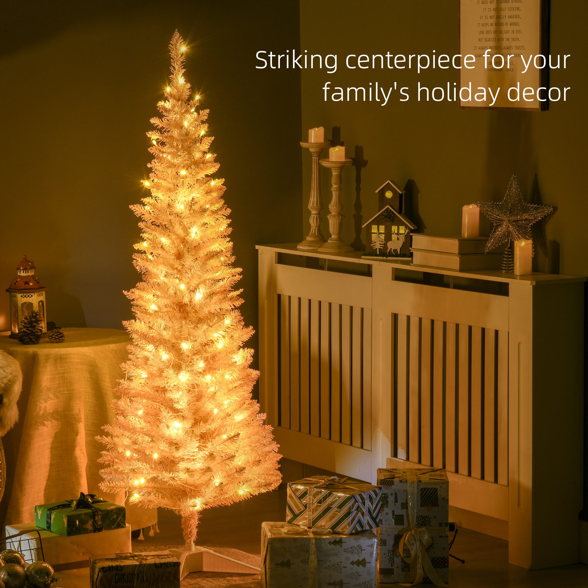 5ft Pencil Christmas Tree, Slim Artificial Christmas Tree with Realistic Branches and Warm White LED Lights, Pink - Image 2