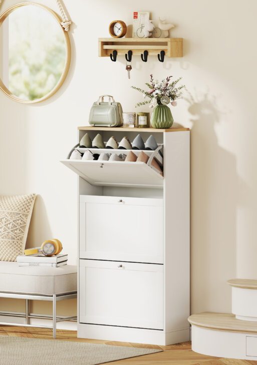 Modern Shoe Storage Cabinet with 3 Flip Drawers and Adjustable Shelves for 12-18 Pairs of Shoes, White