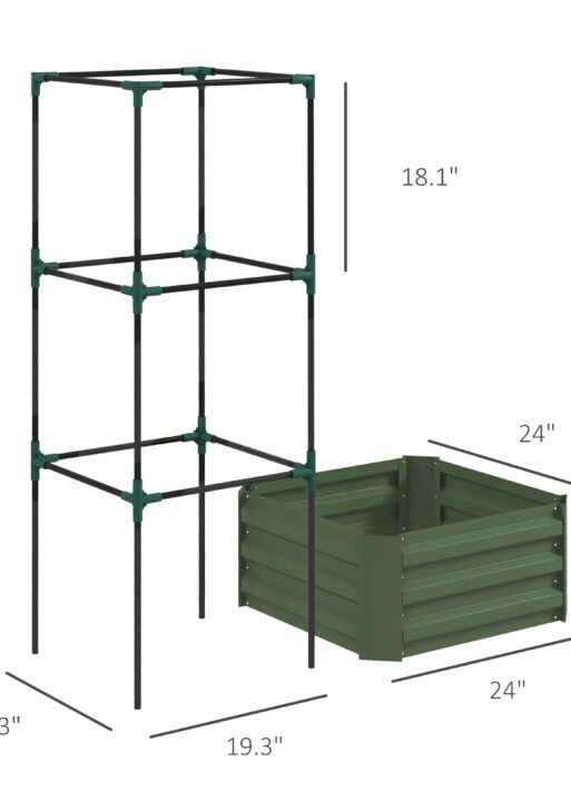 Galvanized Planter Box, 24" x 24" x 55" Raised Garden Bed with Tomato Cage for Climbing Vines, Green