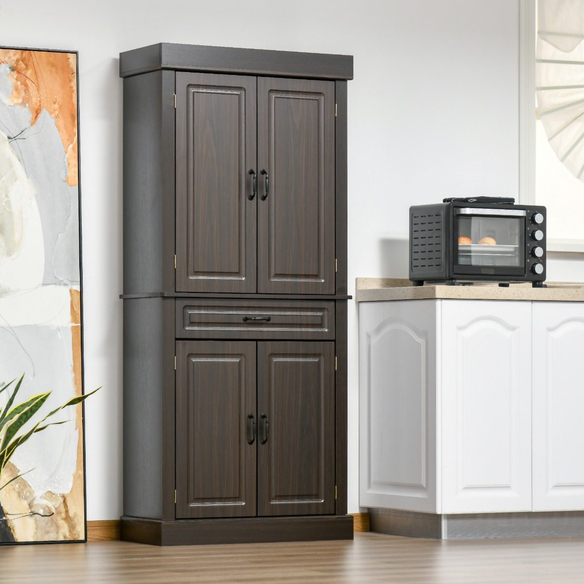 70.75" Freestanding Kitchen Pantry with 4 Doors, and 2 Large Cabinets, Tall Storage Cabinet with Wide Drawer for Kitchen Dining Room, Coffee