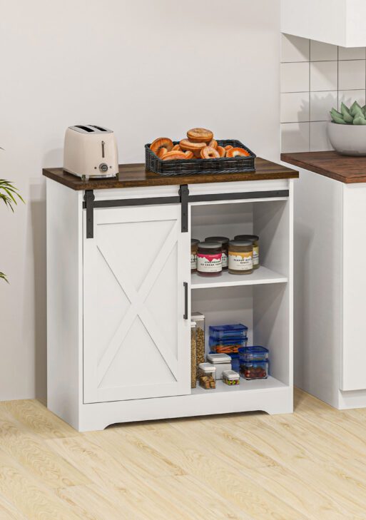 Farmhouse Kitchen Sideboard Buffet Cabinet Coffee Bar Cabinet with Sliding Barn Door and Adjustable Shelf White