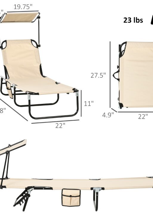 Folding Chaise Lounge Pool Lounge Chairs Set of 2, Outdoor Sun Tanning Chairs with Canopy Shade, Reclining Back, Steel Frame and Side Pocket for Beach, Yard, Patio, Tan