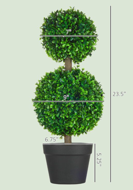 2 Pcs 23.6" Artificial Boxwood Ball Topiary Tree Set of 2 Fake Plants in Pot with Double Ball-Shaped Leaves Green